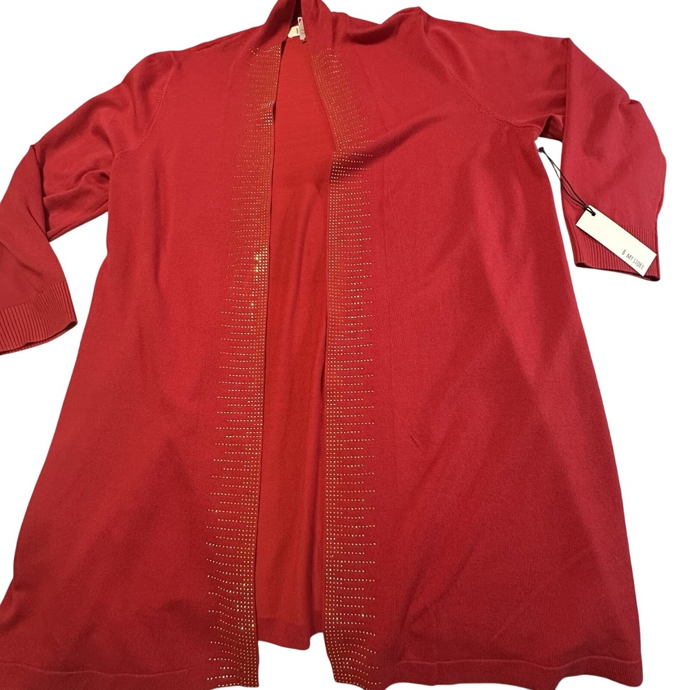 B My Story Womens Red Studded Open Front Longline Cardigan Sweater NWT Size L